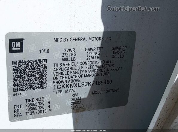 1GKKNXLS3KZ165480 2019 GMC ACADIA White Widok komory silnika