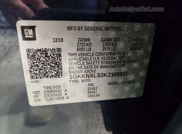 1GKKNXLS3KZ189911 2019 GMC ACADIA Blue Vista de la etiqueta del VIN
