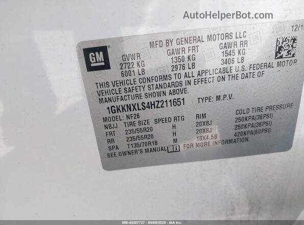1GKKNXLS4HZ211651 2017 GMC ACADIA White Вид підкапотного простору