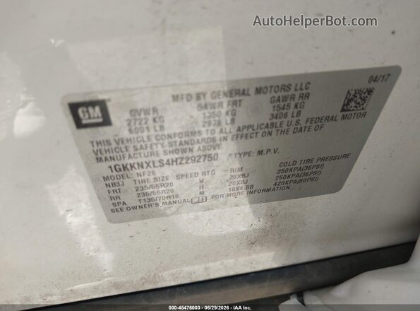 1GKKNXLS4HZ292750 2017 GMC ACADIA White Շարժիչի բաժամունքի տեսք