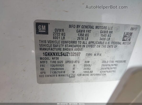 1GKKNXLS4JZ132597 2018 GMC ACADIA White Vista del compartimento del motor