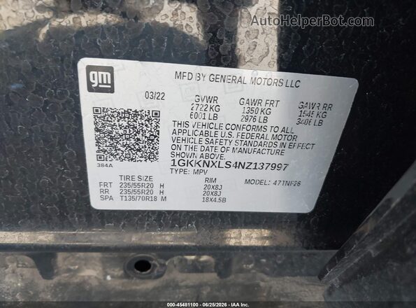 1GKKNXLS4NZ137997 2022 GMC ACADIA Black Engine compartment view