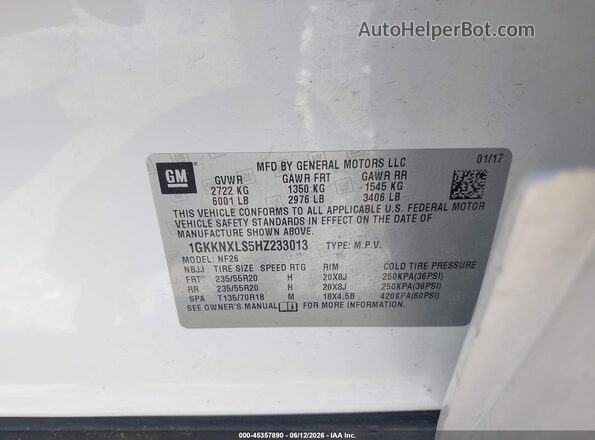 1GKKNXLS5HZ233013 2017 GMC ACADIA Белый Вид подкапотного пространства