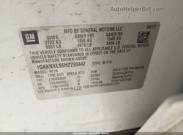 1GKKNXLS5HZ290442 2017 GMC ACADIA White Շարժիչի բաժամունքի տեսք