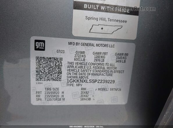 1GKKNXLS5PZ239229 2023 GMC ACADIA Gray Շարժիչի բաժամունքի տեսք