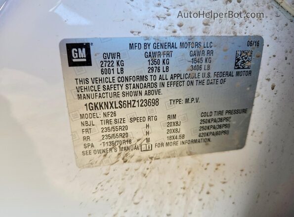 1GKKNXLS6HZ123698 2017 GMC ACADIA White Vista del compartimento del motor