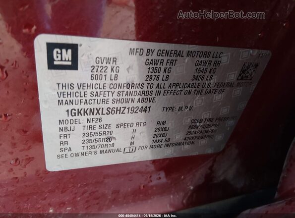 1GKKNXLS6HZ192441 2017 GMC ACADIA Red Շարժիչի բաժամունքի տեսք