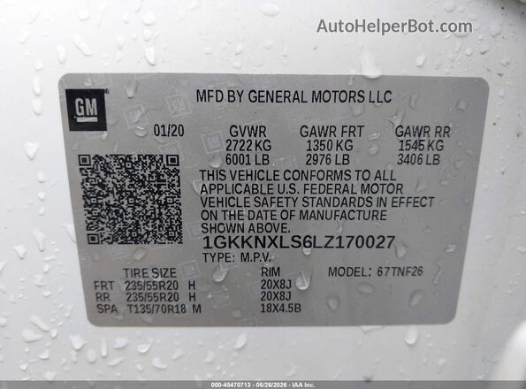 1GKKNXLS6LZ170027 2020 GMC ACADIA White Vista del compartimento del motor