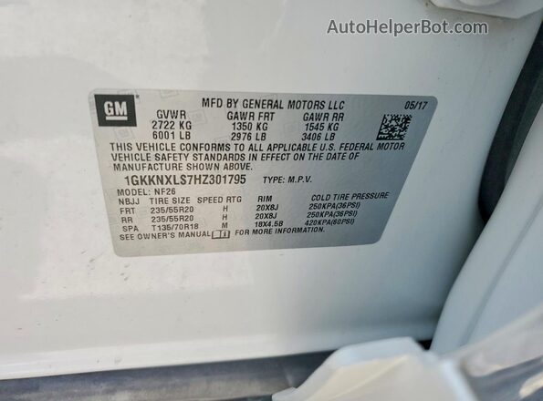 1GKKNXLS7HZ301795 2017 GMC ACADIA White VIN կոդի պիտակի տեսք