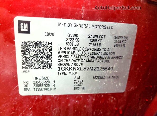 1GKKNXLS7MZ125549 2021 GMC ACADIA Red Widok wnętrza 360 stopni
