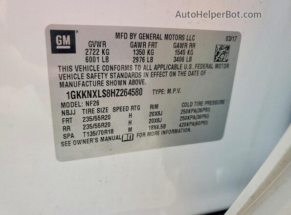 1GKKNXLS8HZ264580 2017 GMC ACADIA White VIN კოდის სტიკერის ხედი