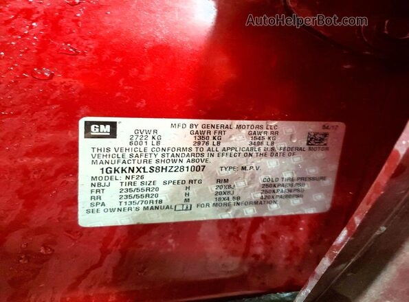 1GKKNXLS8HZ281007 2017 GMC ACADIA Burgundy VIN კოდის სტიკერის ხედი