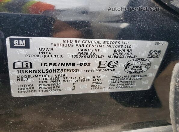 1GKKNXLS8HZ306035 2017 GMC ACADIA Черный Вид наклейки с VIN-кодом