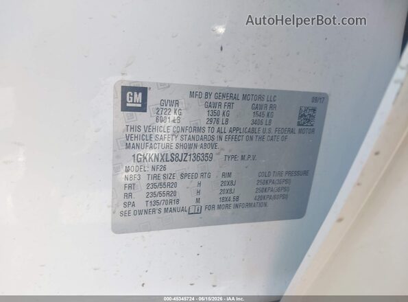 1GKKNXLS8JZ136359 2018 GMC ACADIA White Widok komory silnika