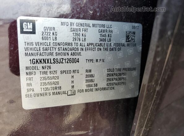 1GKKNXLS9JZ126004 2018 GMC ACADIA Burgundy VIN կոդի պիտակի տեսք