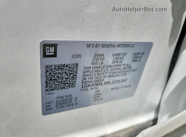 1GKKNXLS9LZ221357 2020 GMC ACADIA White Вид наклейки з VIN-кодом