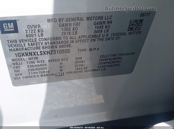 1GKKNXLSXHZ310555 2017 GMC ACADIA White Вид підкапотного простору