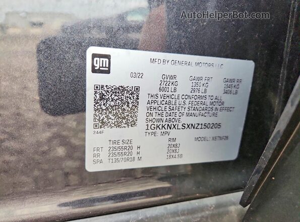 1GKKNXLSXNZ150205 2022 GMC ACADIA Серый Вид наклейки с VIN-кодом