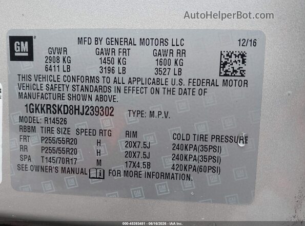 1GKKRSKD8HJ239302 2017 GMC ACADIA White Engine compartment view