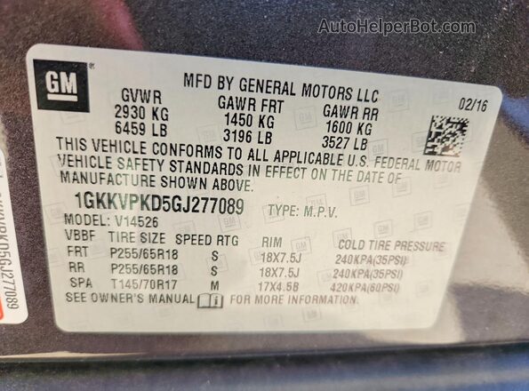 1GKKVPKD5GJ277089 2016 GMC ACADIA Black Vista de la etiqueta del VIN
