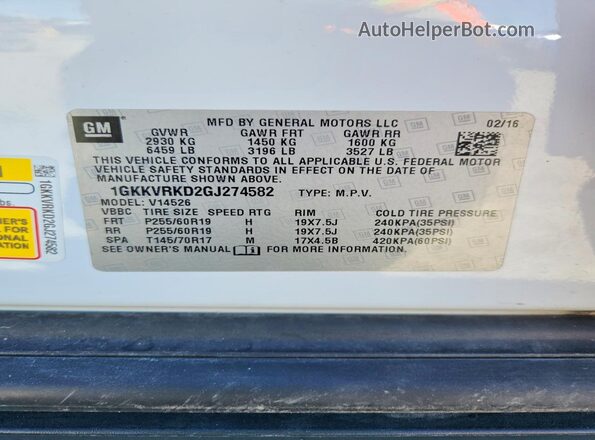 1GKKVRKD2GJ274582 2016 GMC ACADIA White VIN კოდის სტიკერის ხედი