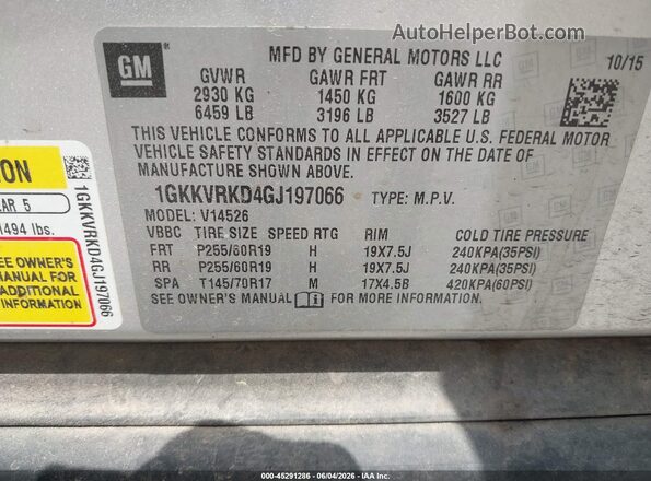 1GKKVRKD4GJ197066 2016 GMC ACADIA Silver Widok komory silnika