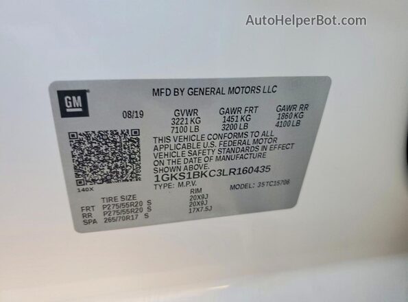1GKS1BKC3LR160435 2020 GMC YUKON White VIN sticker view