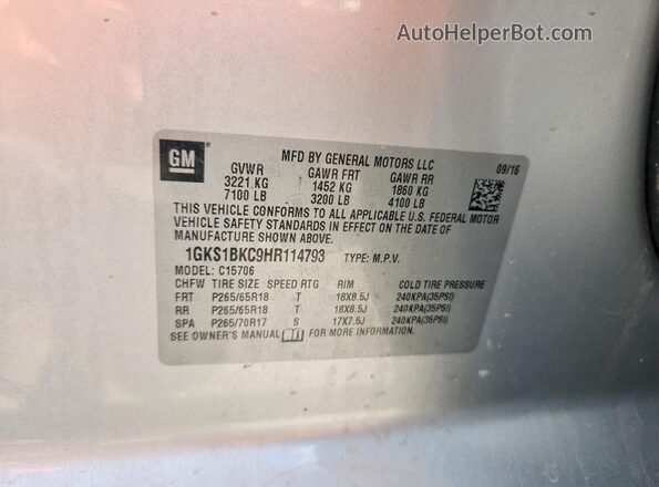 1GKS1BKC9HR114793 2017 GMC YUKON Silver VIN կոդի պիտակի տեսք