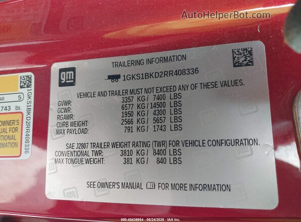 1GKS1BKD2RR408336 2024 GMC YUKON Red Widok komory silnika