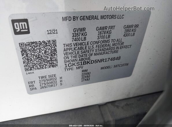 1GKS1BKD5NR174848 2022 GMC YUKON White Widok komory silnika