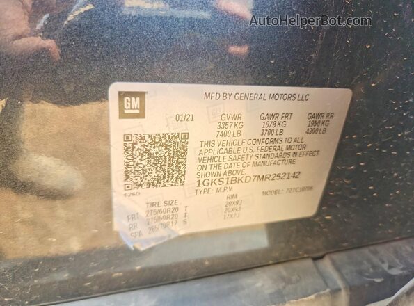 1GKS1BKD7MR252142 2021 GMC YUKON Gray Вид наклейки з VIN-кодом