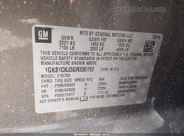 1GKS1CKJ3GR336152 2016 GMC YUKON Tan Widok komory silnika