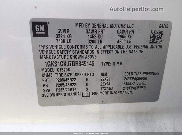 1GKS1CKJ7GR349146 2016 GMC YUKON White Widok komory silnika