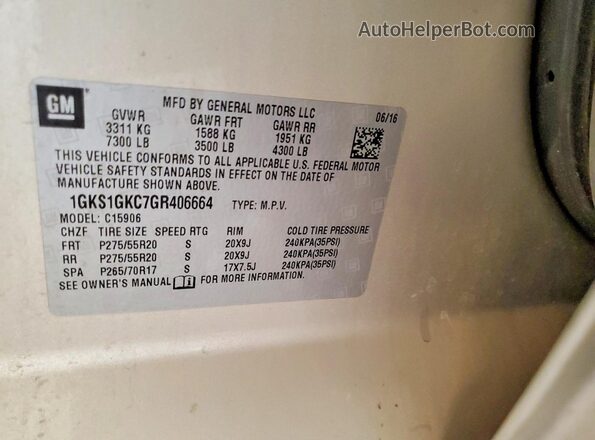 1GKS1GKC7GR406664 2016 GMC YUKON Gray VIN კოდის სტიკერის ხედი