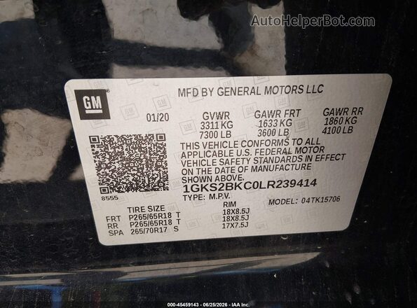 1GKS2BKC0LR239414 2020 GMC YUKON Black Widok komory silnika