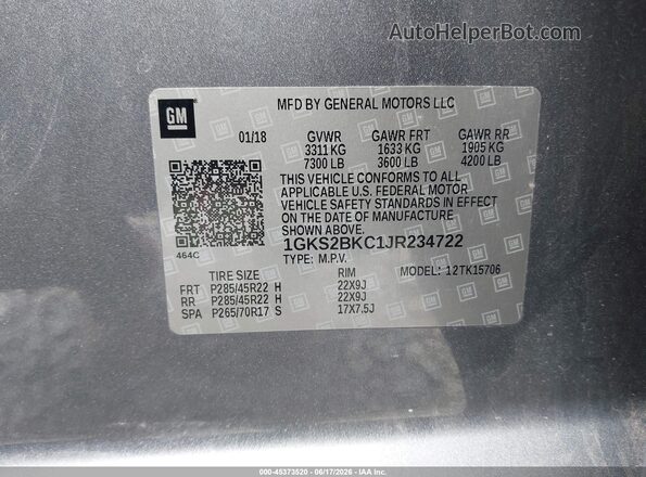 1GKS2BKC1JR234722 2018 GMC YUKON Gray Vista del compartimento del motor