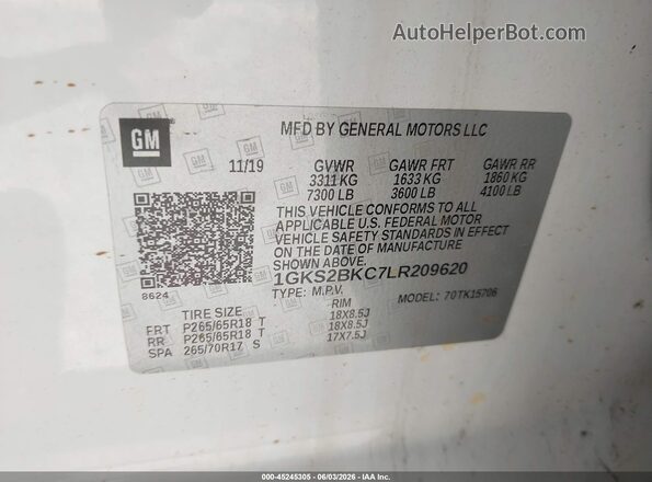 1GKS2BKC7LR209620 2020 GMC YUKON White Вид підкапотного простору