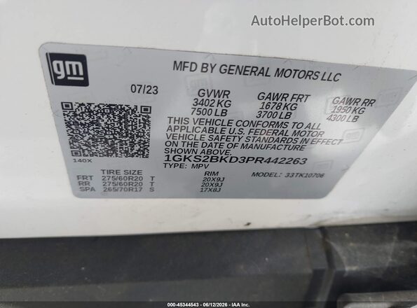 1GKS2BKD3PR442263 2023 GMC YUKON White ძრავის განყოფილების ხედი