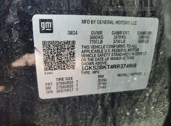 1GKS2BKT4RR374968 2024 GMC YUKON Gray Widok naklejki z numerem VIN