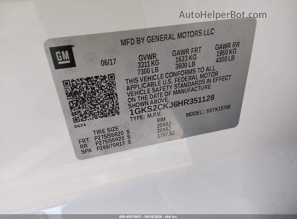 1GKS2CKJ6HR351128 2017 GMC YUKON White Вид підкапотного простору