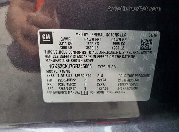 1GKS2CKJ7GR346065 2016 GMC YUKON Gray 