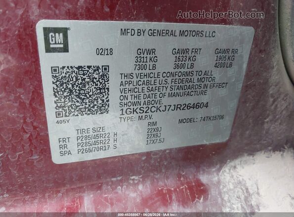1GKS2CKJ7JR264604 2018 GMC YUKON Red Widok komory silnika