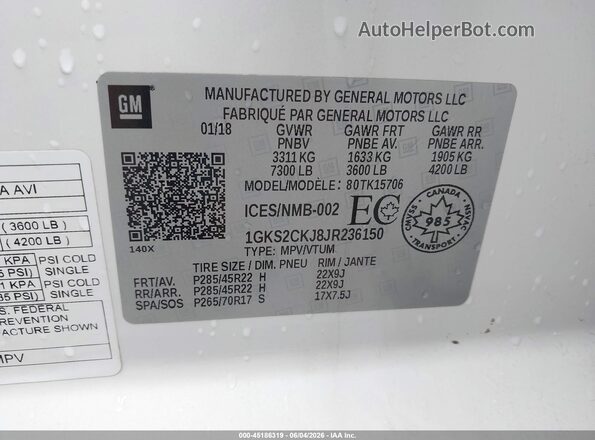 1GKS2CKJ8JR236150 2018 GMC YUKON White Вид підкапотного простору