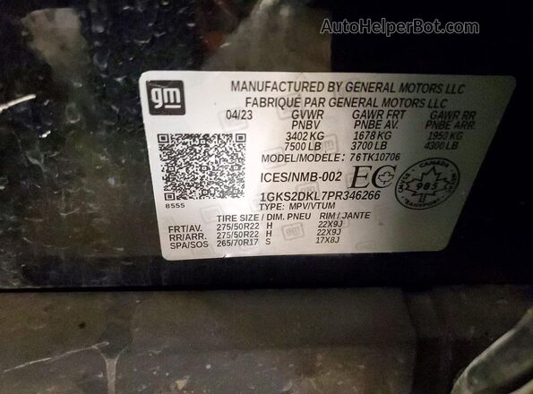 1GKS2DKL7PR346266 2023 GMC YUKON Black Widok naklejki z numerem VIN