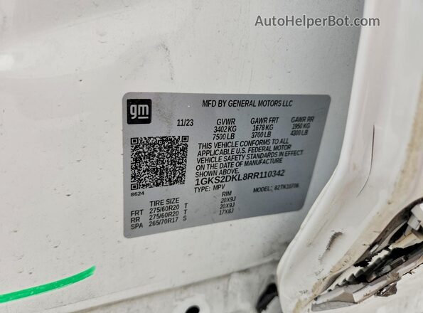 1GKS2DKL8RR110342 2024 GMC YUKON White VIN კოდის სტიკერის ხედი