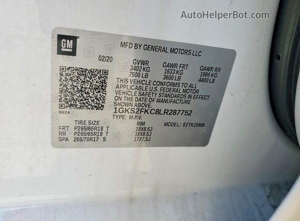 1GKS2FKC8LR287752 2020 GMC YUKON White VIN კოდის სტიკერის ხედი