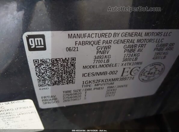 1GKS2FKDXMR389774 2021 GMC YUKON Gray ძრავის განყოფილების ხედი