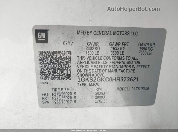 1GKS2GKC0HR373621 2017 GMC YUKON White Вид підкапотного простору