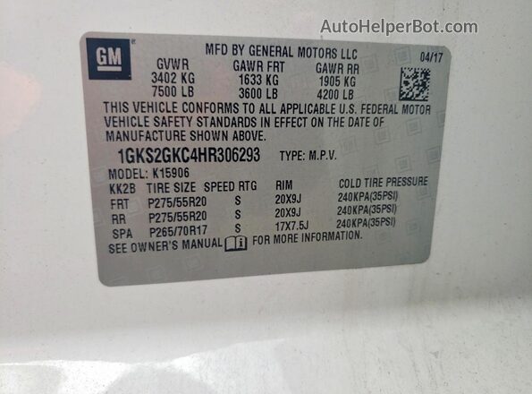 1GKS2GKC4HR306293 2017 GMC YUKON White VIN კოდის სტიკერის ხედი