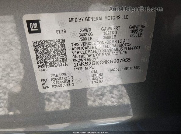 1GKS2GKC4KR267955 2019 GMC YUKON Gray Widok komory silnika